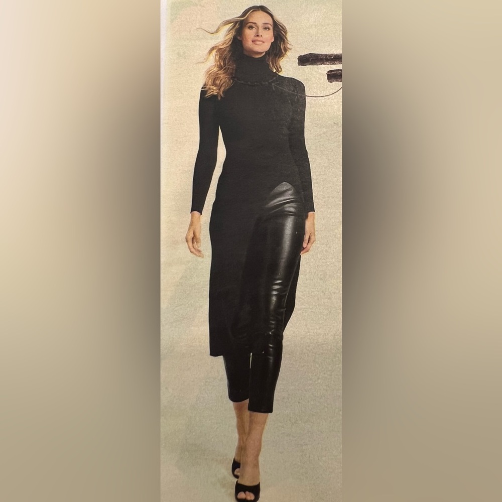 Long black turtleneck top long sleeve w diagonal front slit
